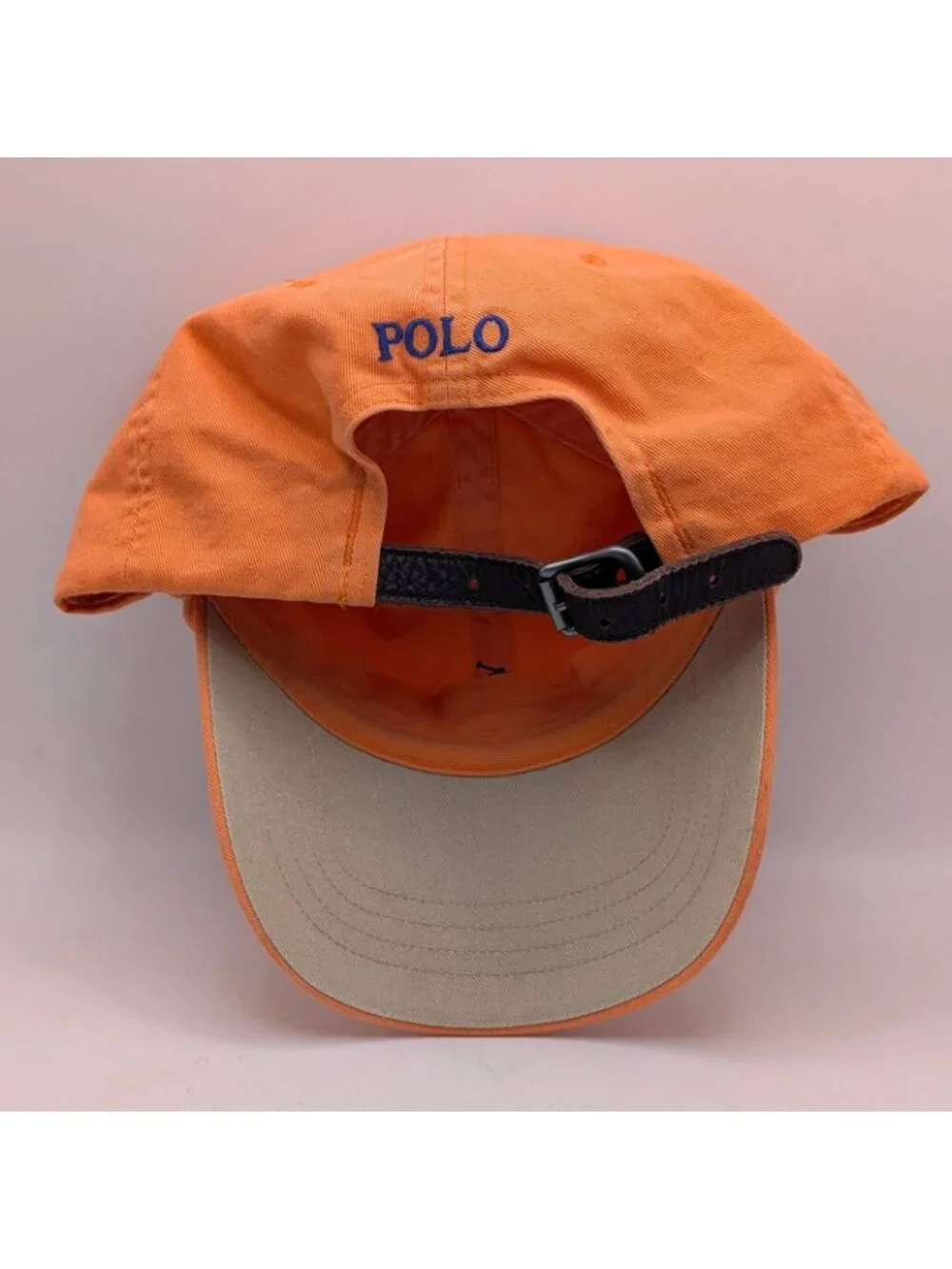 Vintage Polo Ralph Lauren Hat Orange Blue Pony Logo Leather Strap Back Y2K